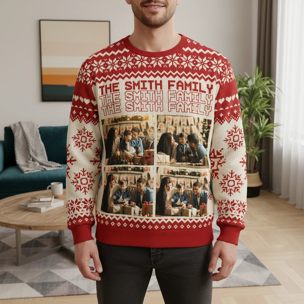 Custom Photo Upload Sweater with Snowflakes & Fair Isle Pattern main product photo
