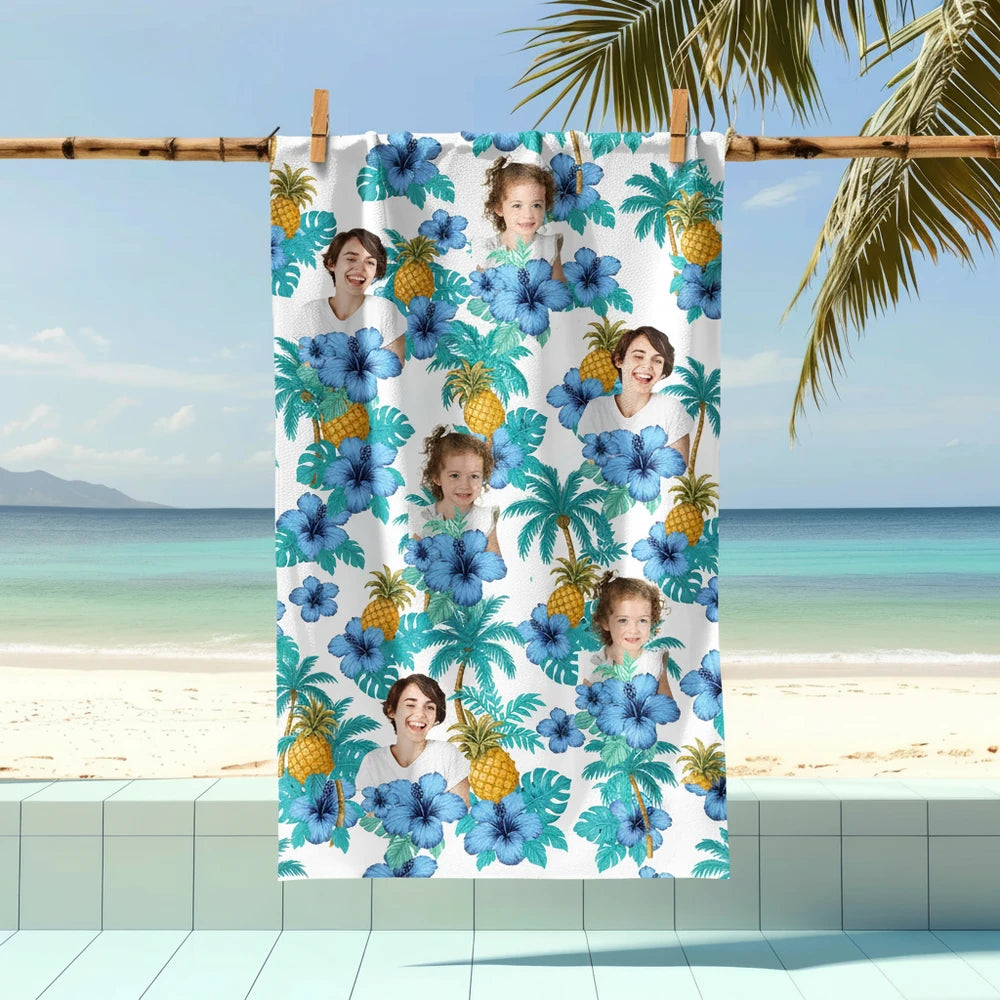 Custom Photo Upload Beach Towel with Tropical Hibiscus & Pineapples main product photo