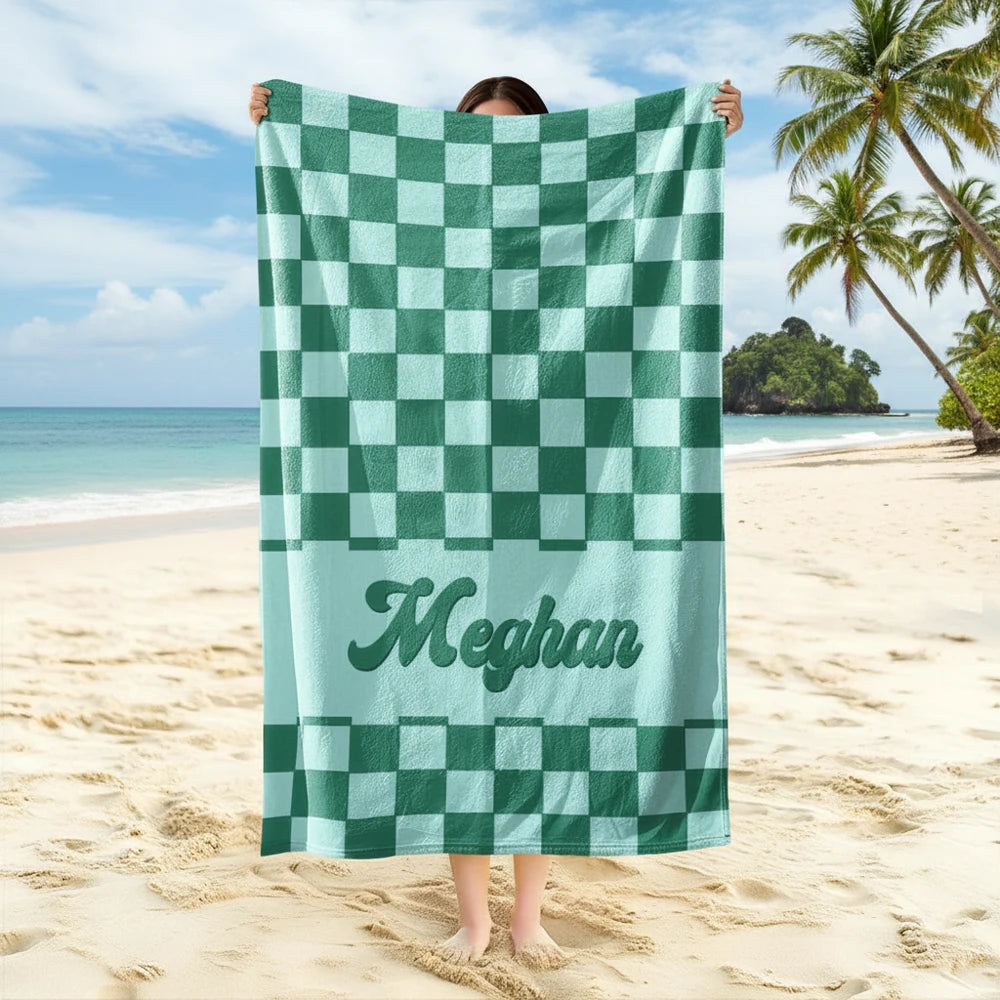 Custom Personalized Beach Towel with Green Checkered Pattern main product photo