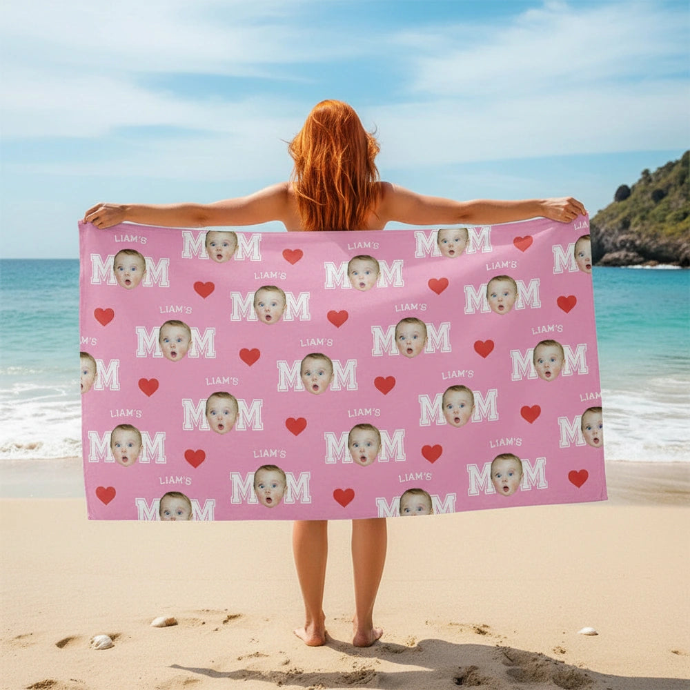 Custom Photo Upload Beach Towel with Hearts on Pink Background main product photo