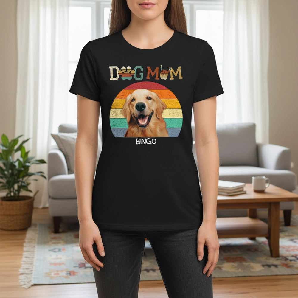 Custom Photo Upload T-Shirt with Dog Mom Retro Sunset Design main product photo