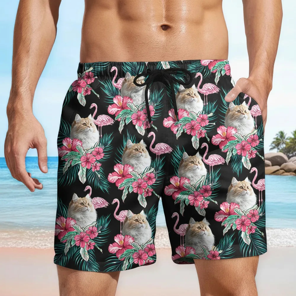 Custom Photo Beach Shorts with Cats Flamingos & Tropical Flowers main product photo