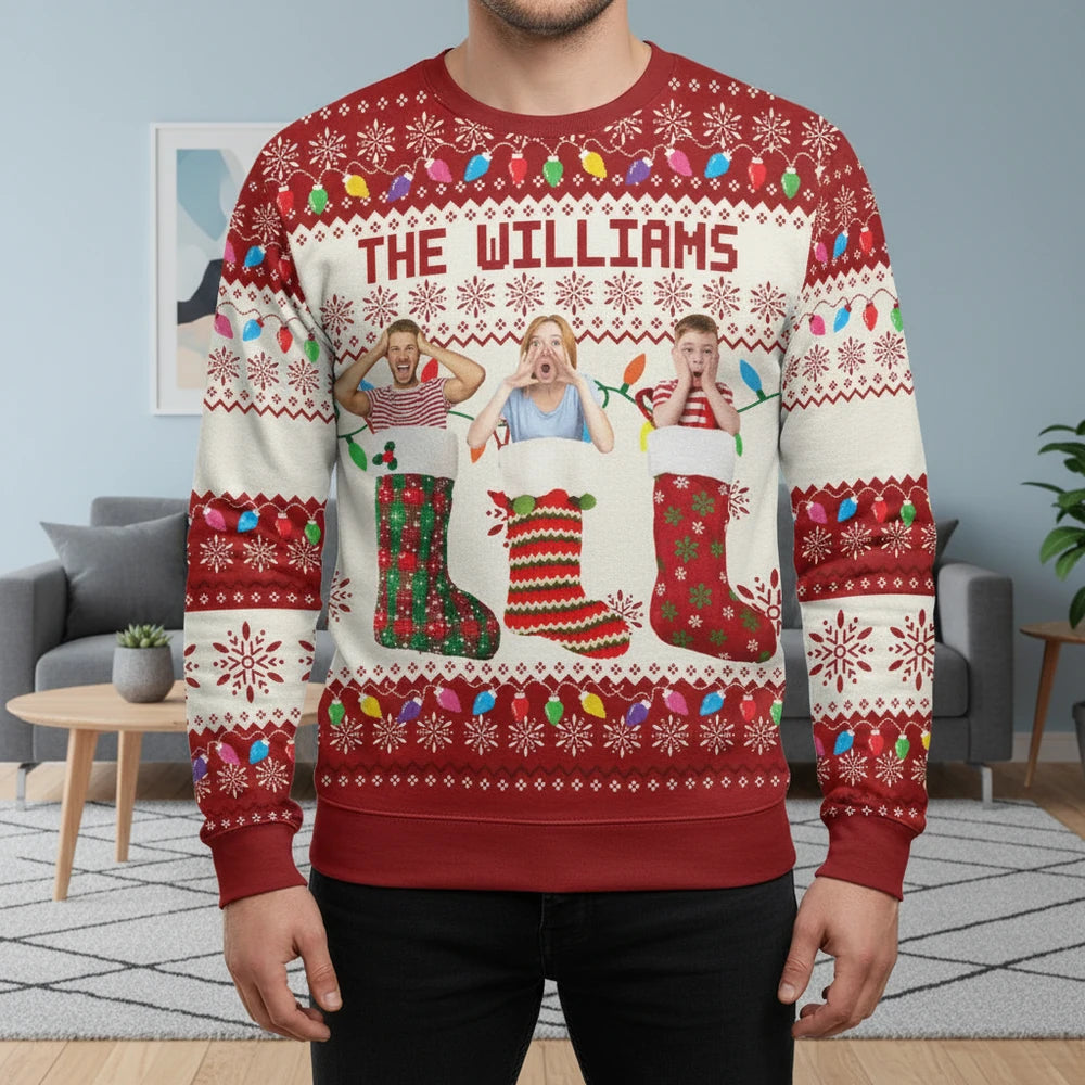 Custom Photo Upload Sweater with Christmas Stockings & Snowflakes main product photo