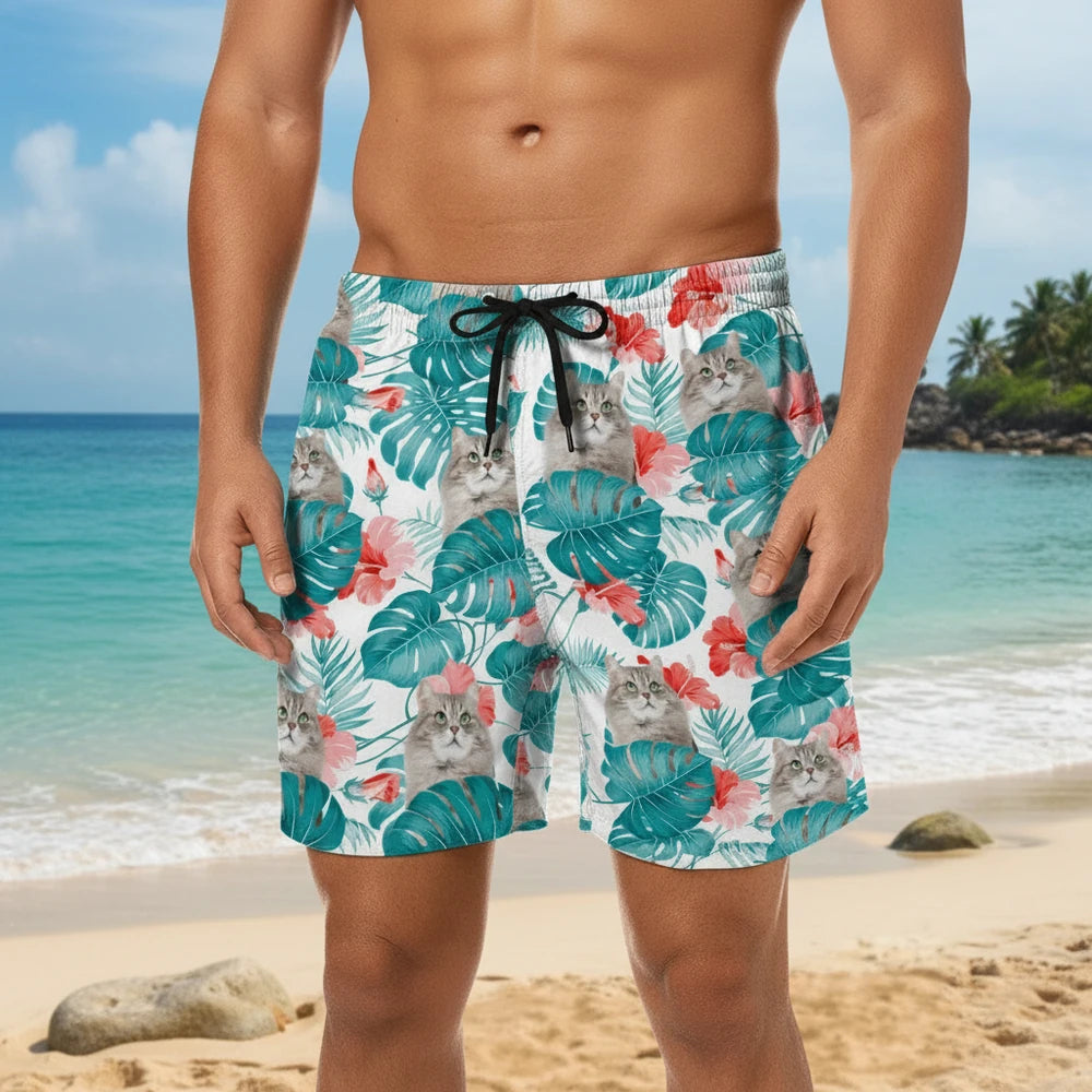 Custom Photo Upload Beach Shorts with Tropical Leaves & Hibiscus main product photo