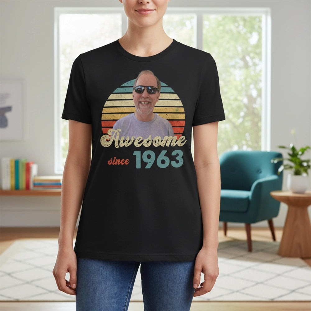 Custom Photo Upload T-Shirt with Retro Sunset Awesome since 1963 main product photo