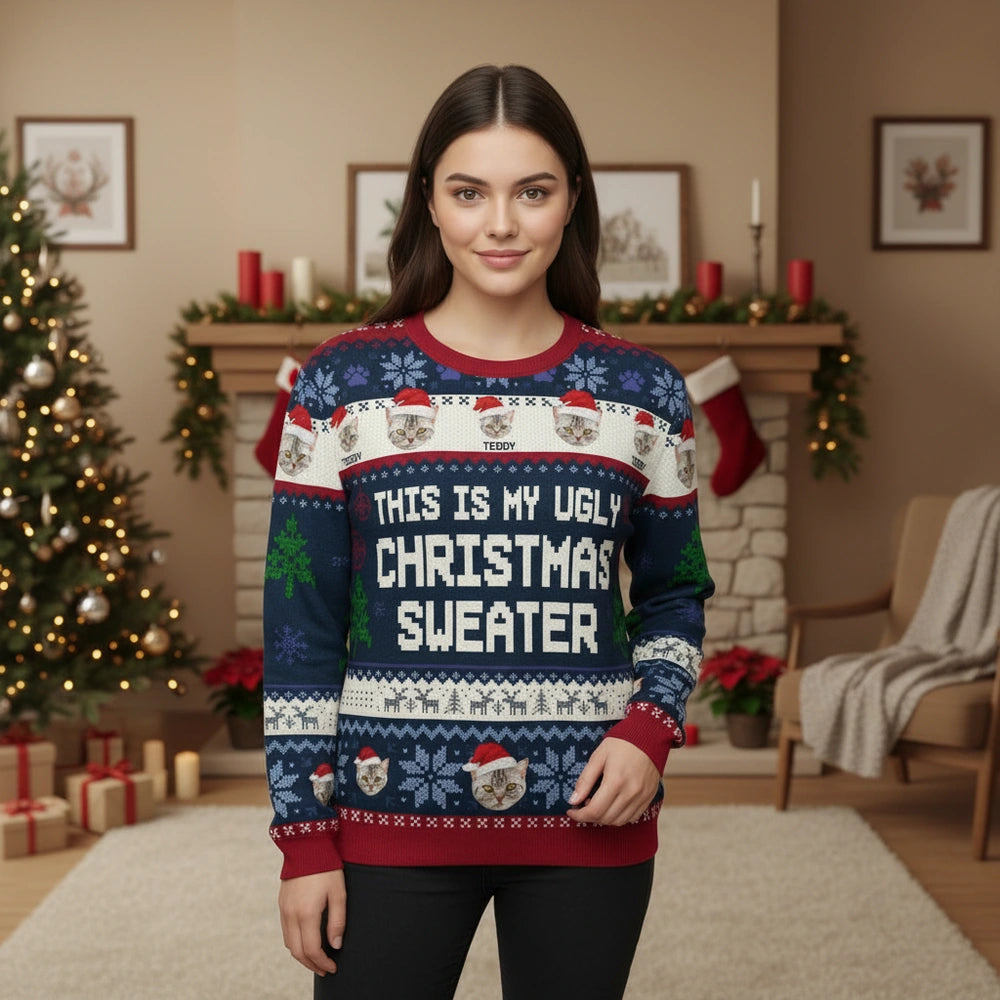 Custom Photo Upload This Is My Ugly Christmas Sweater with Cats main product photo