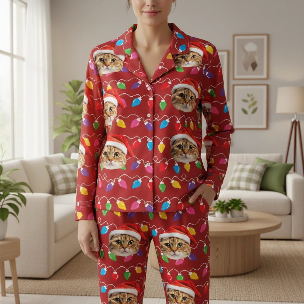 Custom Photo Upload Pajamas with Christmas Cats & Colorful Lights main product photo