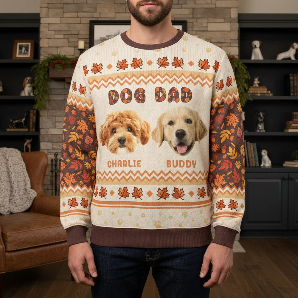 Custom Photo Upload Dog Dad Sweater with Autumn Leaves & Paw Prints main product photo