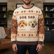 Custom Photo Upload Dog Dad Sweater with Autumn Leaves & Paw Prints main product photo