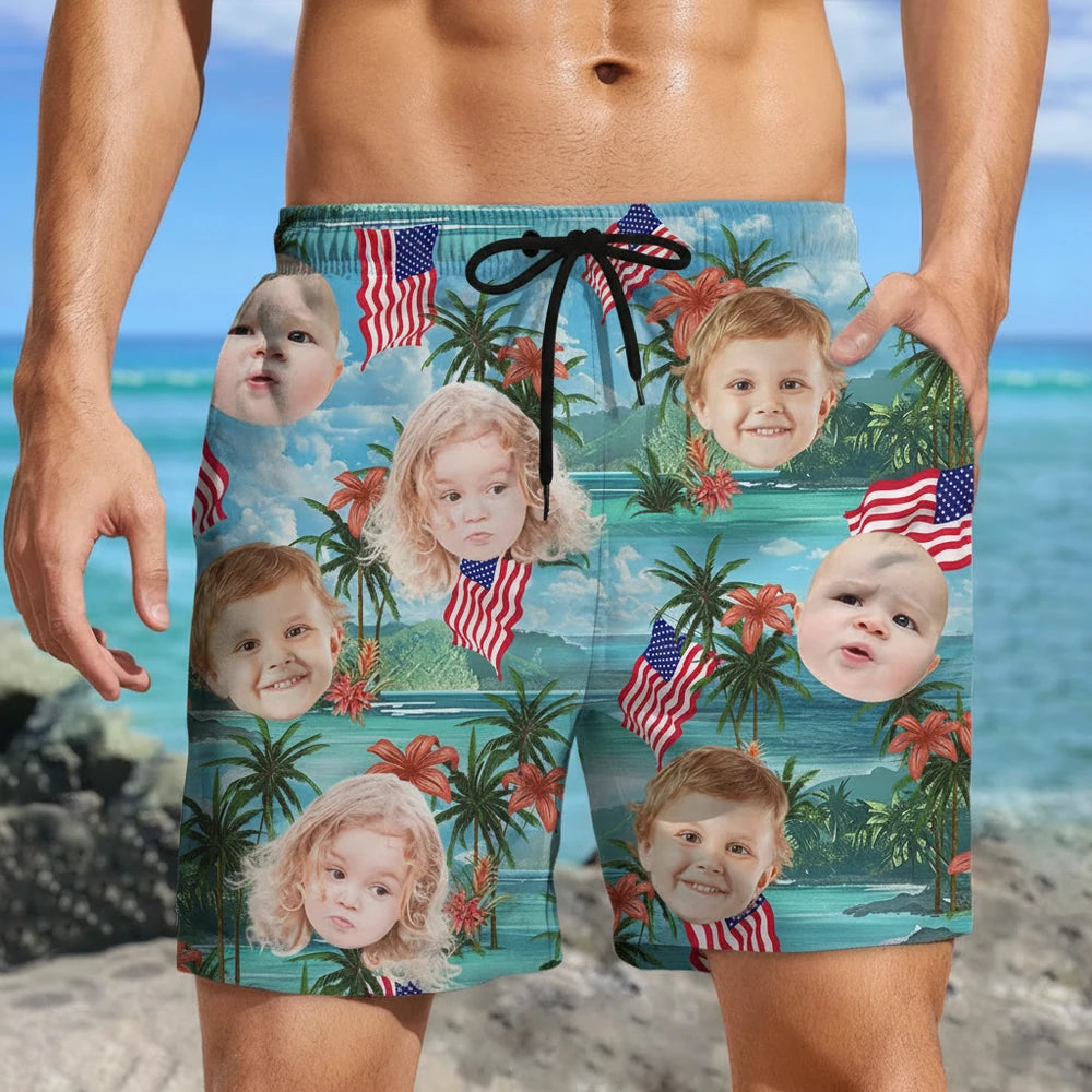 Custom Photo Upload Beach Shorts with Palm Trees & American Flags main product photo