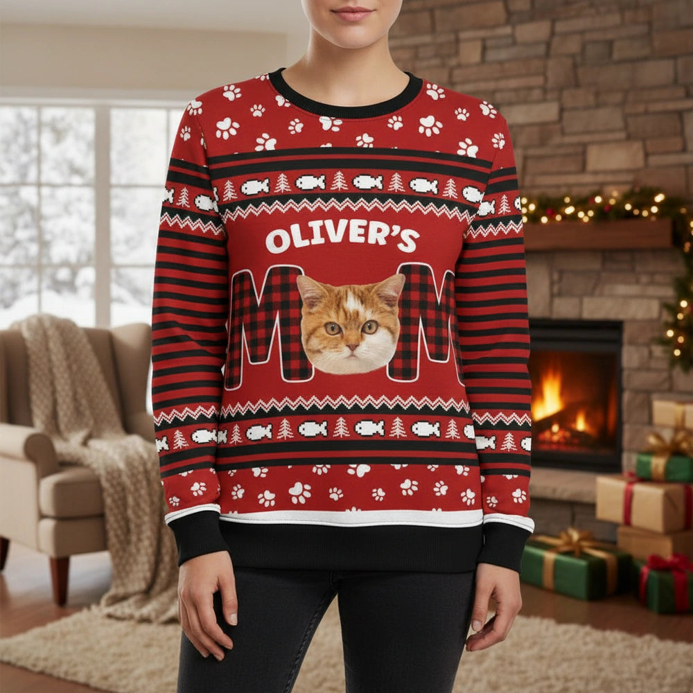 Custom Photo Upload Sweater with Cat Mom and Buffalo Plaid Pattern main product photo