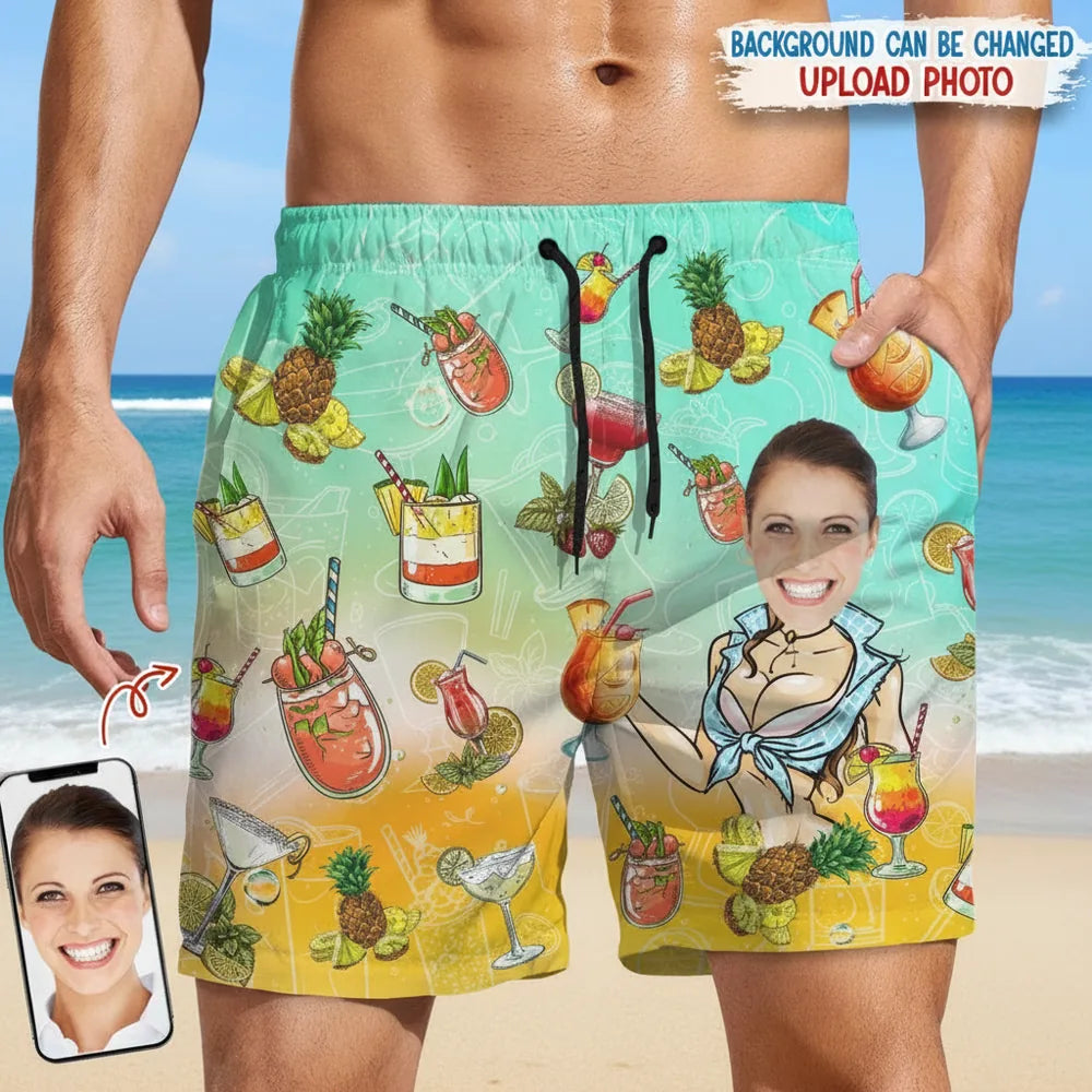 Custom Photo Upload Beach Shorts with Tropical Cocktails & Pineapples main product photo