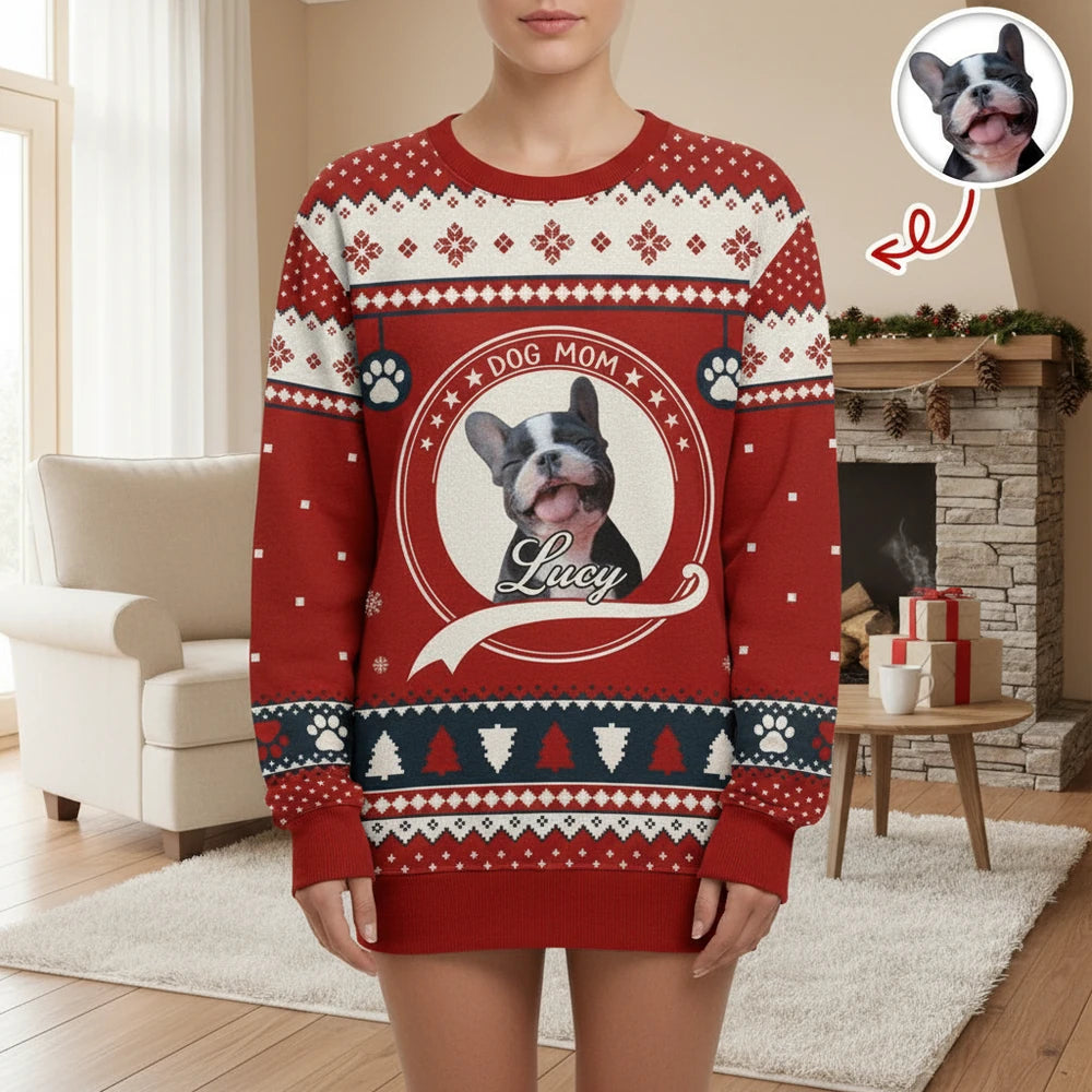 Custom Photo Upload Dog Mom Sweater with Fair Isle Pattern main product photo