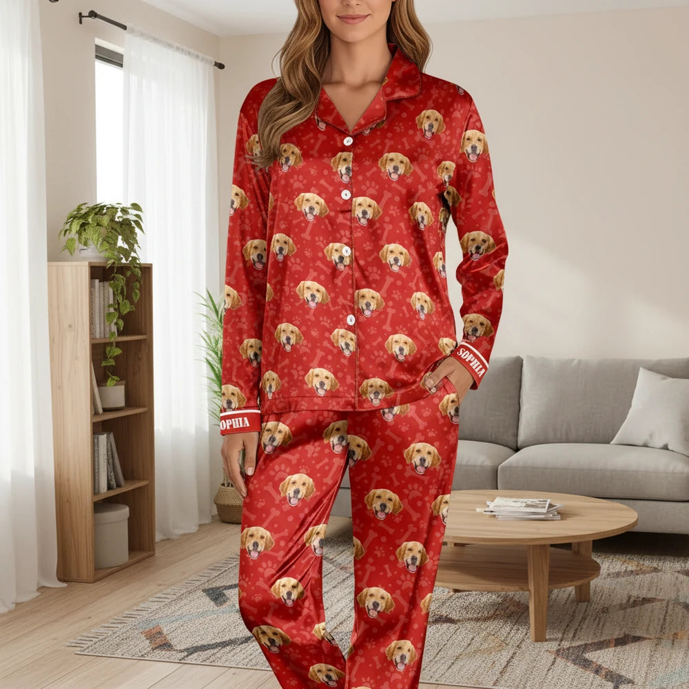 Custom Photo Upload Pajamas with Golden Retriever Pattern & Red Hearts main product photo