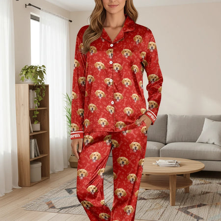 Custom Photo Upload Pajamas with Golden Retriever Pattern & Red Hearts main product photo
