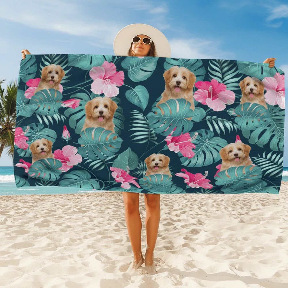 Custom Photo Upload Beach Towel with Tropical Leaves & Hibiscus main product photo