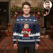 Custom Photo Upload Football Ugly Christmas Sweater with Snowflakes main product photo