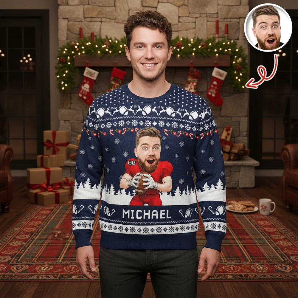 Custom Photo Upload Football Ugly Christmas Sweater with Snowflakes main product photo