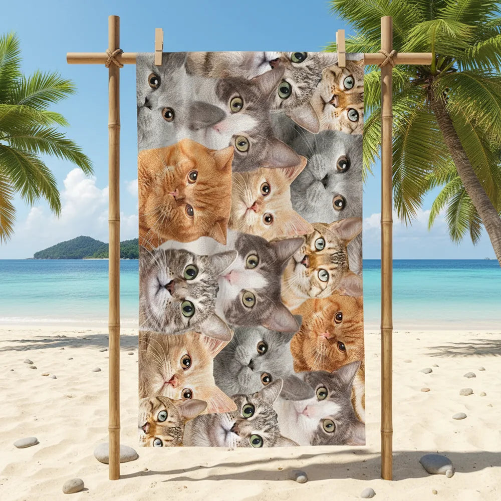 Custom Photo Upload Beach Towel with Cat Faces Collage main product photo