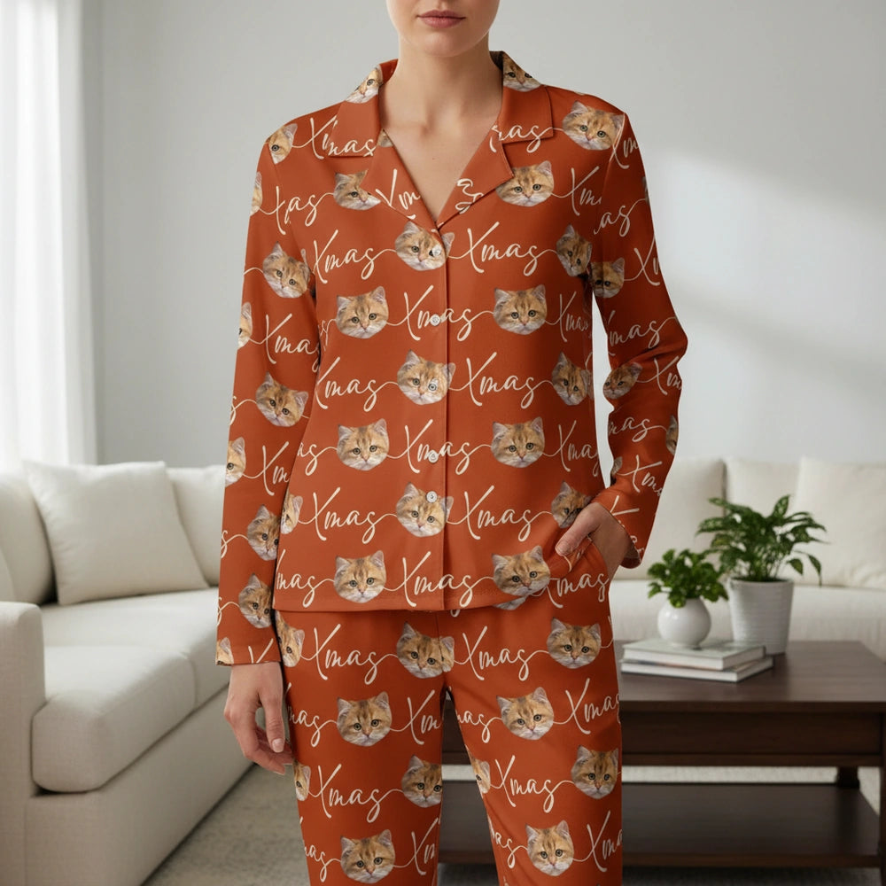 Custom Photo Upload Pajamas with Cat Faces and Xmas Text main product photo