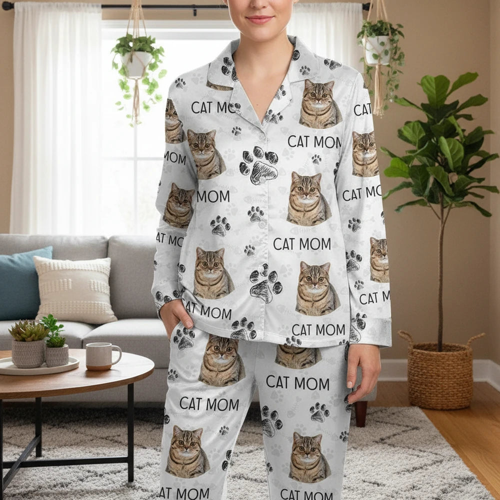 Custom Photo Upload Cat Mom Pajamas with Paw Prints main product photo