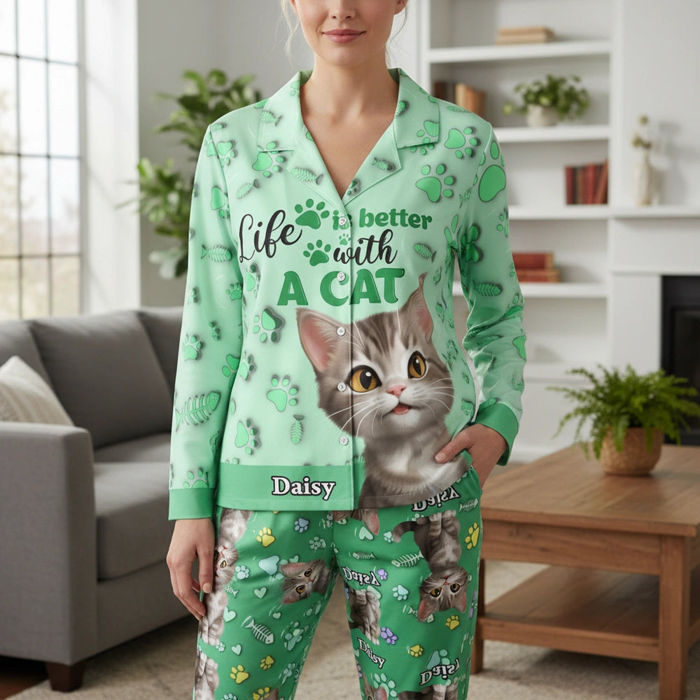 Custom Photo Upload Pajamas Life is Better with a Cat main product photo