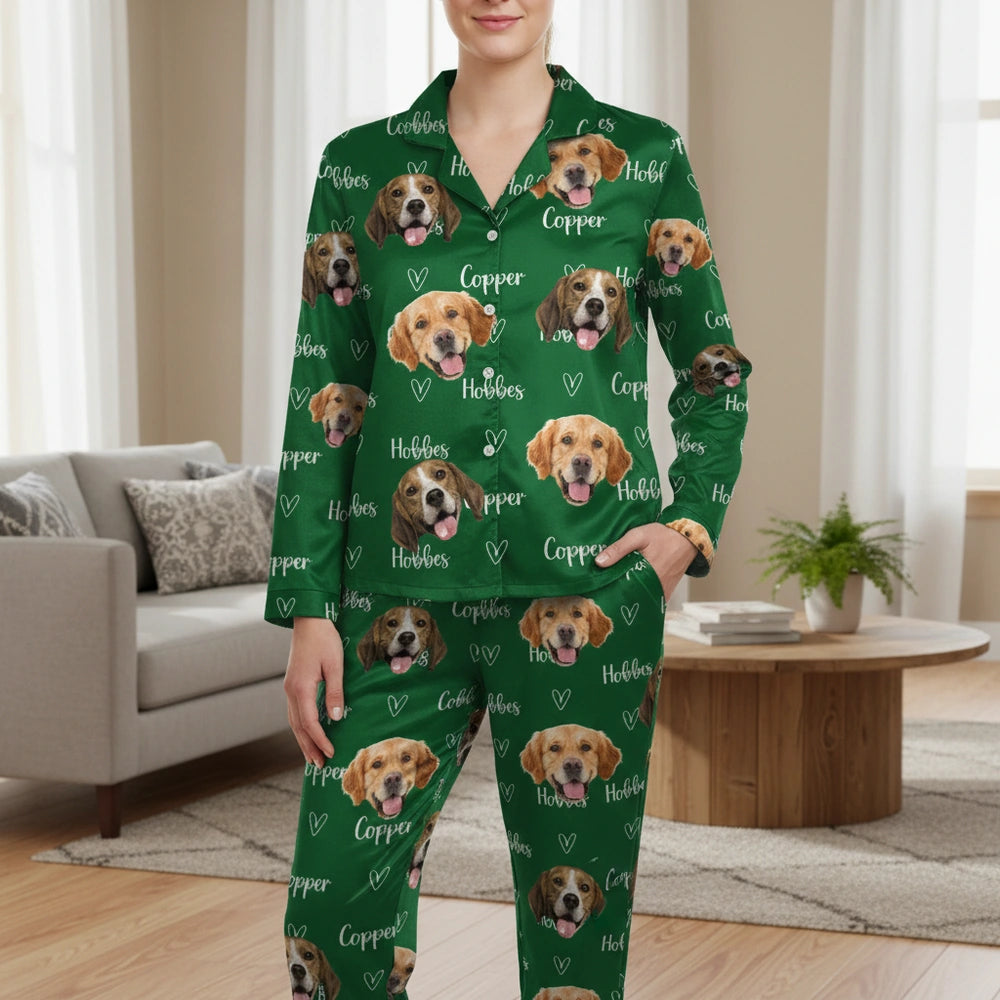 Custom Photo Upload Dog Face Pajamas with Hearts on Green main product photo