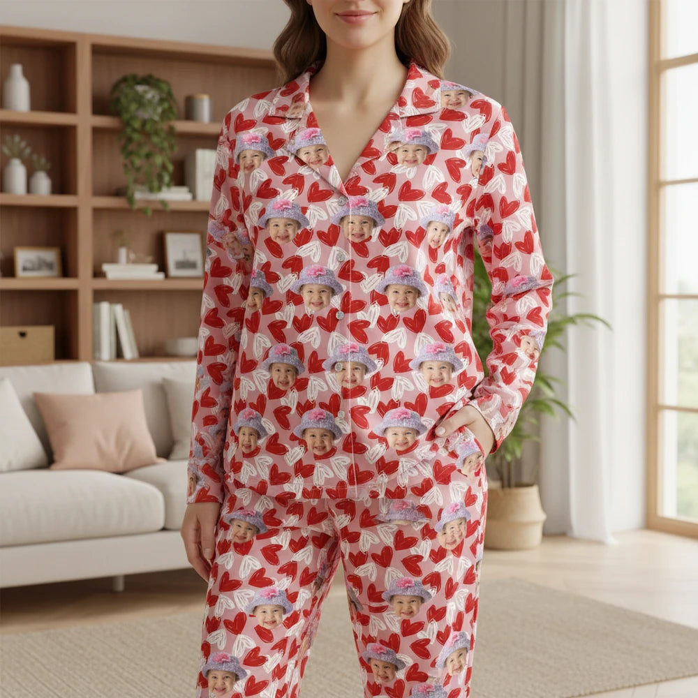 Custom Photo Upload Pajamas with Hearts Pattern main product photo