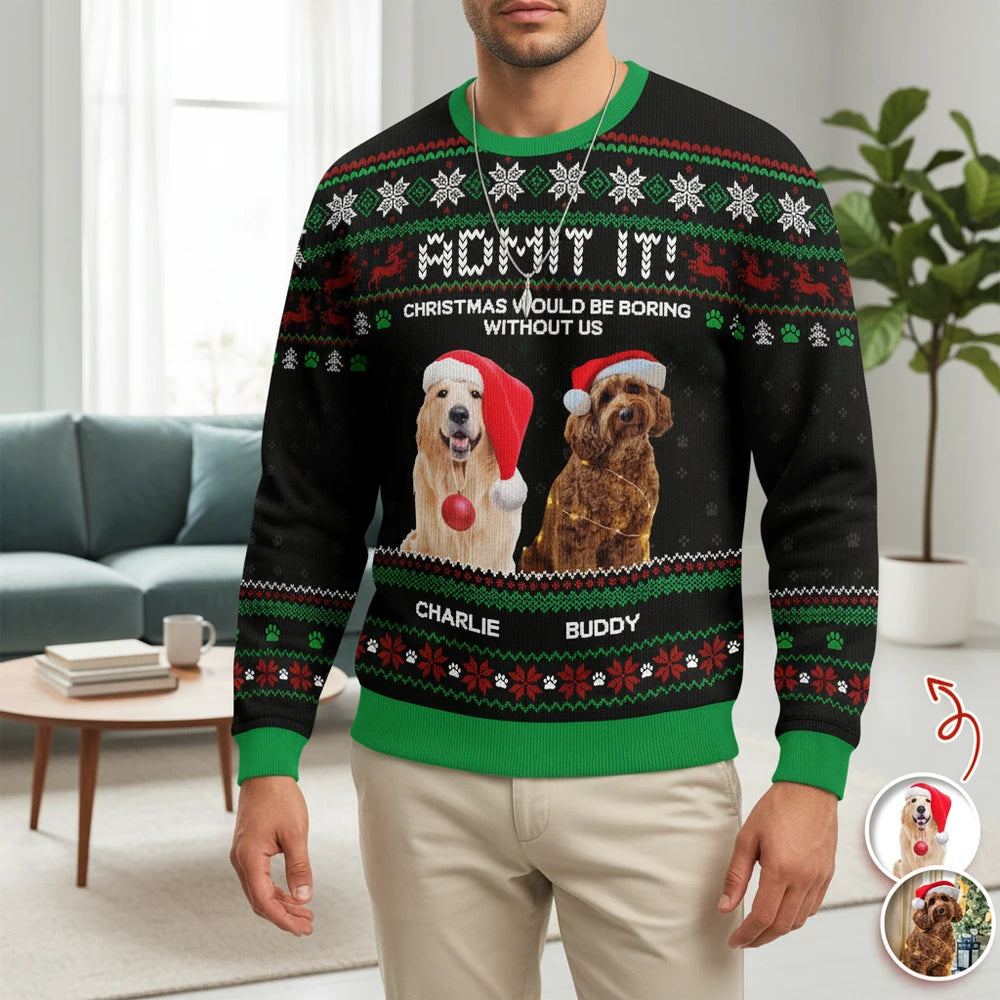 Custom Photo Upload Sweater with Dogs in Santa Hats Ugly Christmas main product photo