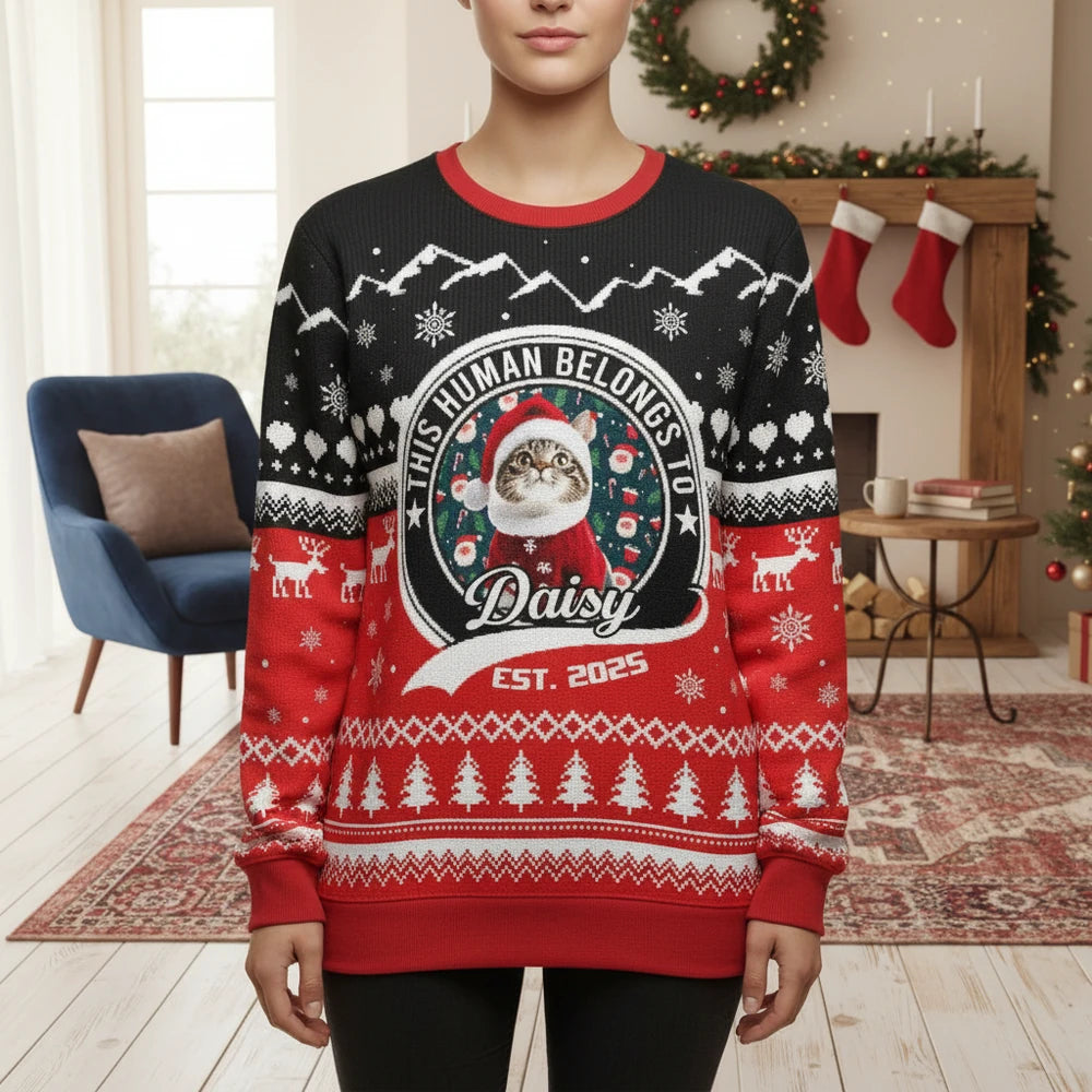 Custom Photo Upload This Human Belongs To Sweater with Reindeer main product photo