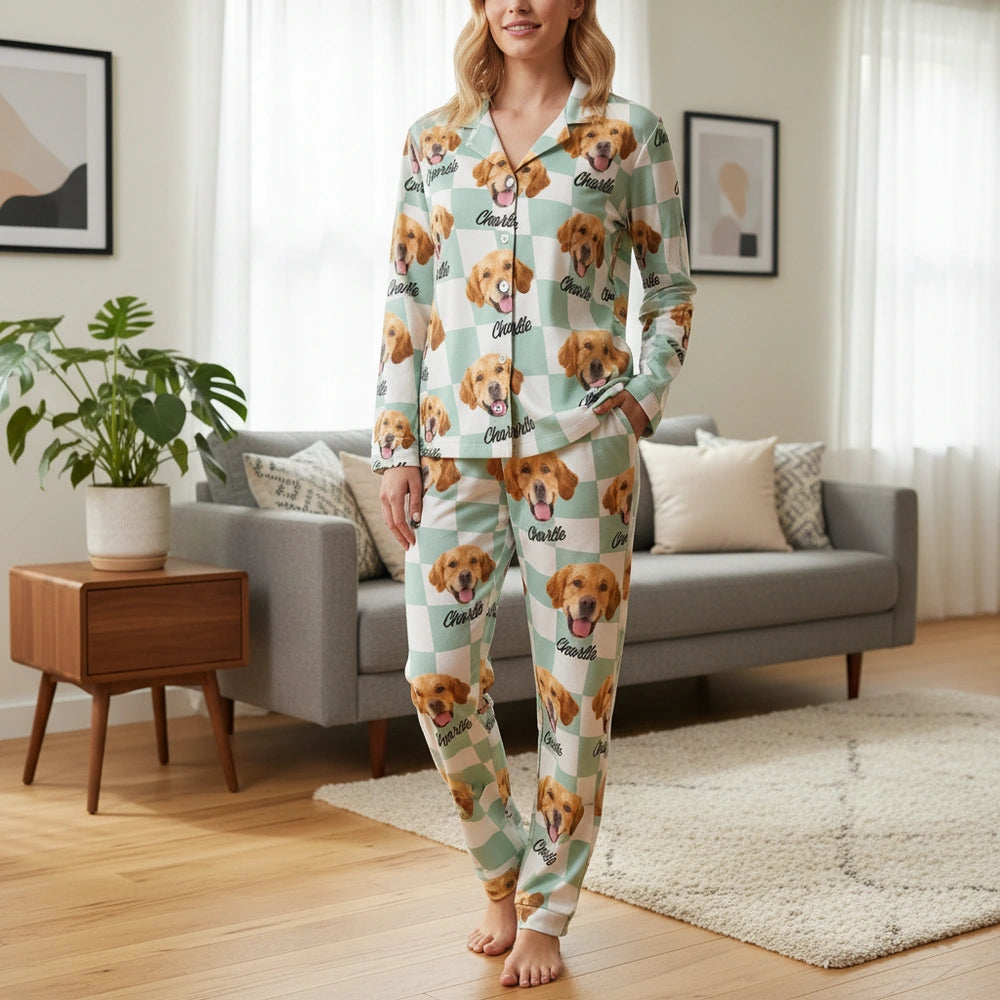 Custom Photo Upload Pajamas with Mint Checkered Pattern main product photo