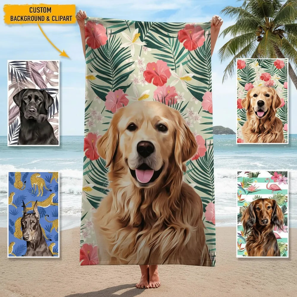 Custom Photo Upload Beach Towel with Tropical Flowers & Palm Leaves main product photo
