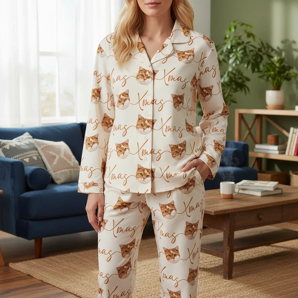 Custom Photo Upload Pajamas with Cat Faces and Xmas Text main product photo