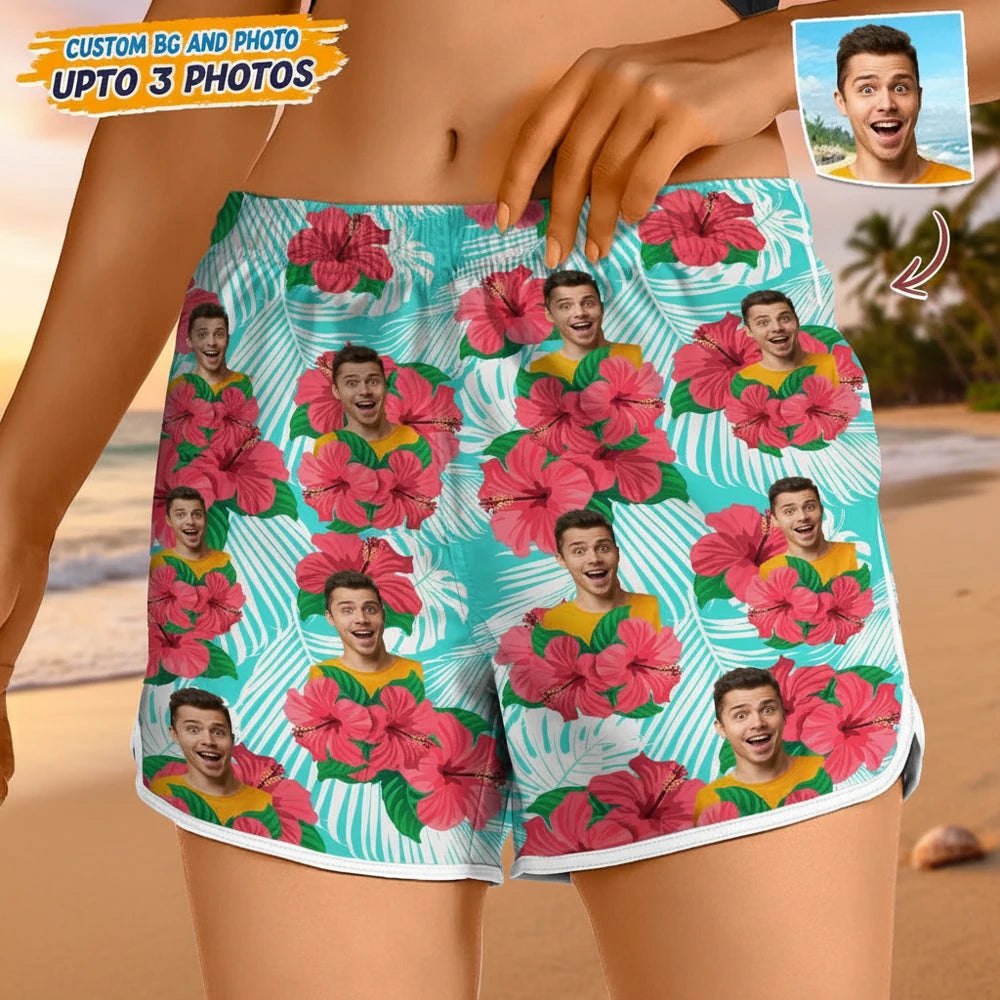 Custom Photo Upload Beach Shorts with Tropical Hibiscus Flowers main product photo