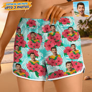 Custom Photo Upload Beach Shorts with Tropical Hibiscus Flowers main product photo