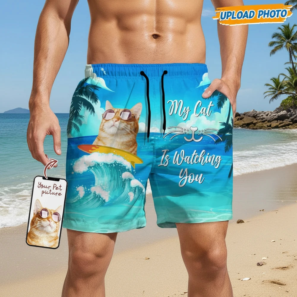 Custom Photo Upload Beach Shorts - My Cat Is Watching You Ocean Design main product