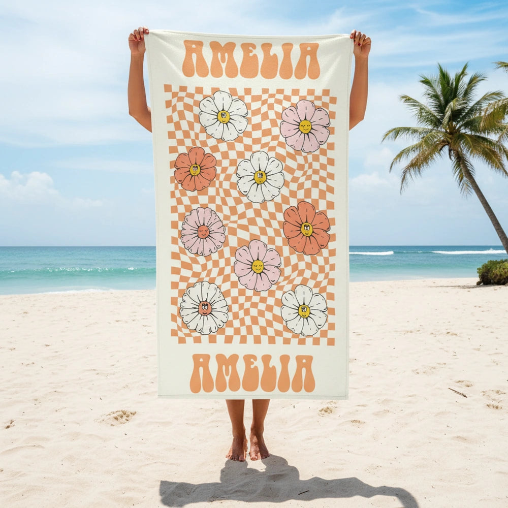 Custom Photo Beach Towel with Retro Daisies and Checkered Pattern main product photo