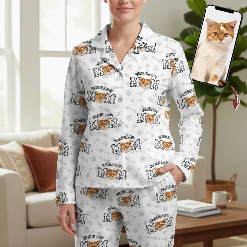 Custom Photo Upload Cat Pajamas with Paw Prints & Fish Bones main product photo