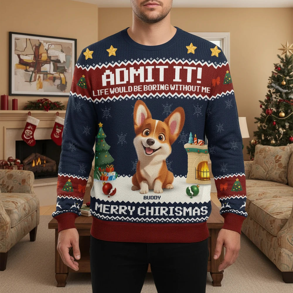 Custom Photo Upload Corgi Christmas Sweater with Admit It Slogan main product photo