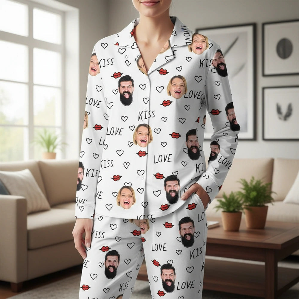 Custom Photo Upload Pajamas with Love Kiss Hearts and Red Lips main product photo