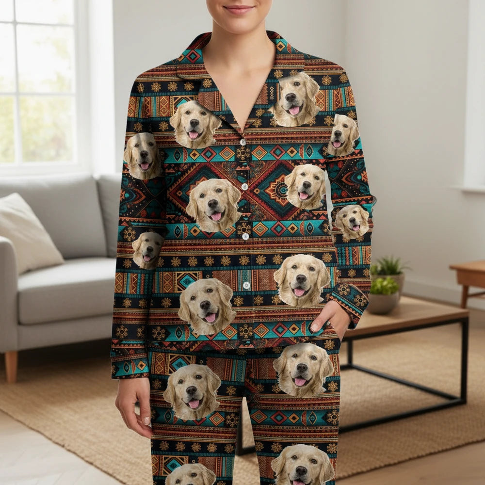Custom Photo Upload Pajamas with Tribal Pattern & Pet Faces main product photo