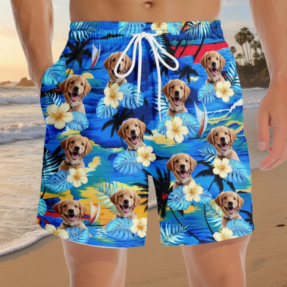 Custom Photo Upload Beach Shorts with Tropical Flowers & Palm Leaves main product photo
