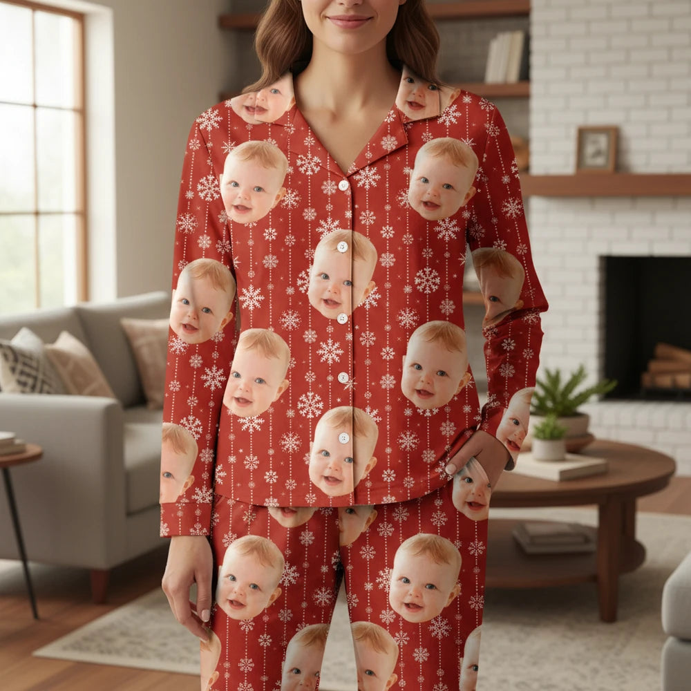 Custom Photo Upload Pajamas with Snowflakes on Red Background main product photo