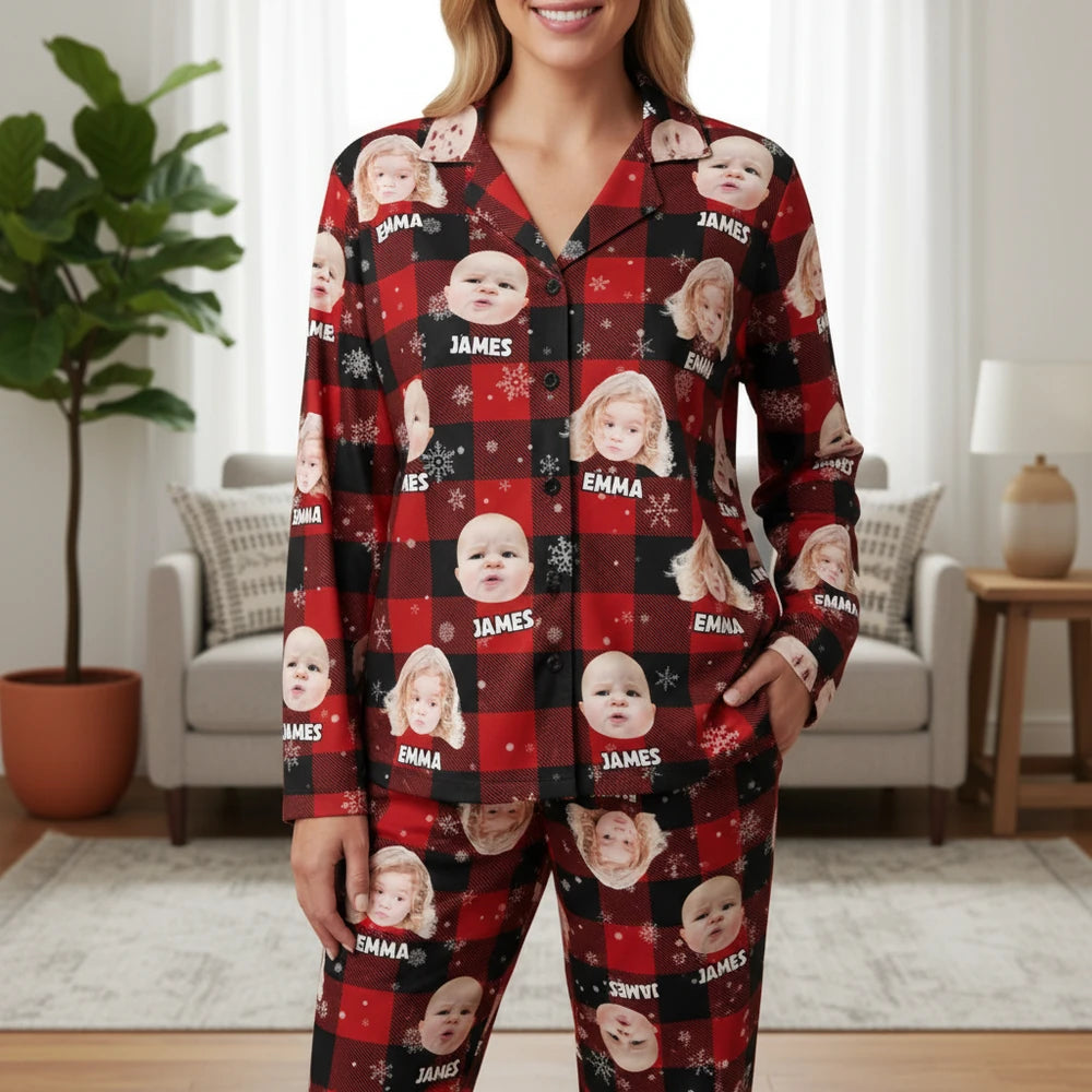 Custom Photo Upload Pajamas with Buffalo Plaid and Snowflakes main product photo