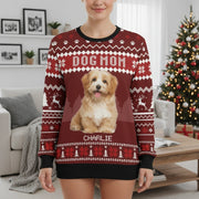 Custom Photo Upload Dog Mom Ugly Christmas Sweater with Paw Prints main product photo