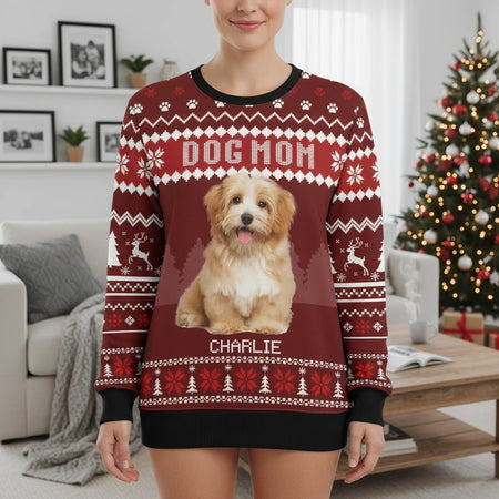 Custom Photo Upload Dog Mom Ugly Christmas Sweater with Paw Prints main product photo