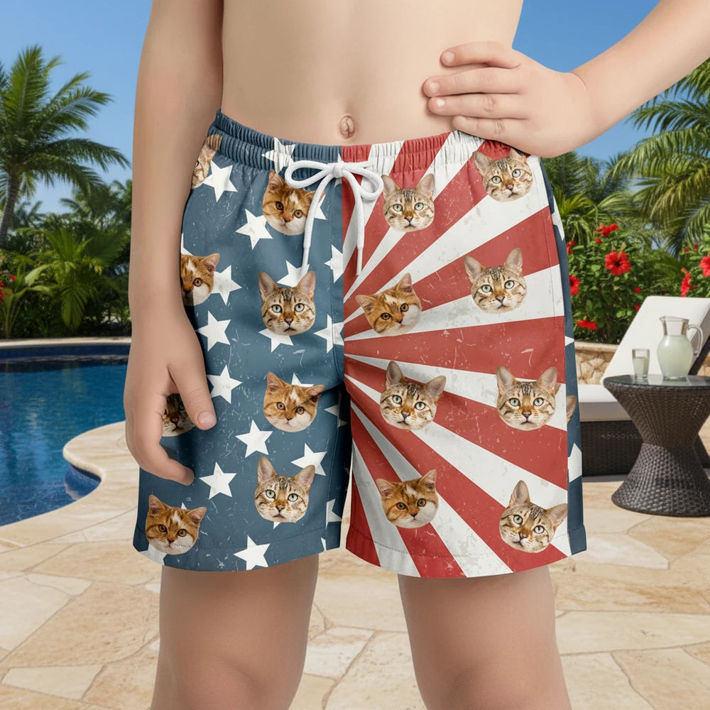 Custom Photo Upload Beach Shorts with Cat Face & American Flag main product photo