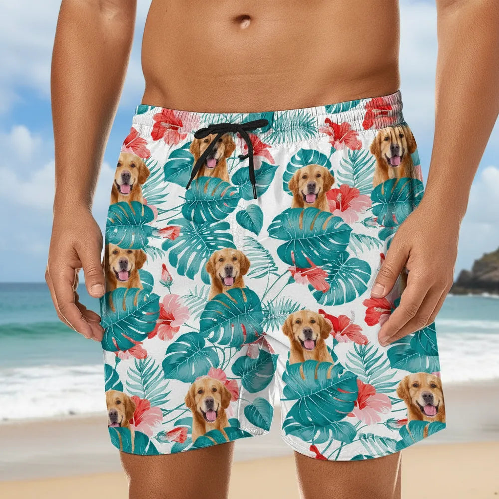Custom Photo Upload Beach Shorts with Tropical Leaves & Hibiscus main product photo