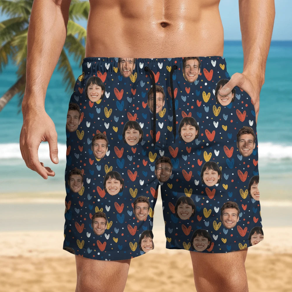 Custom Photo Upload Beach Shorts with Colorful Hearts main product photo