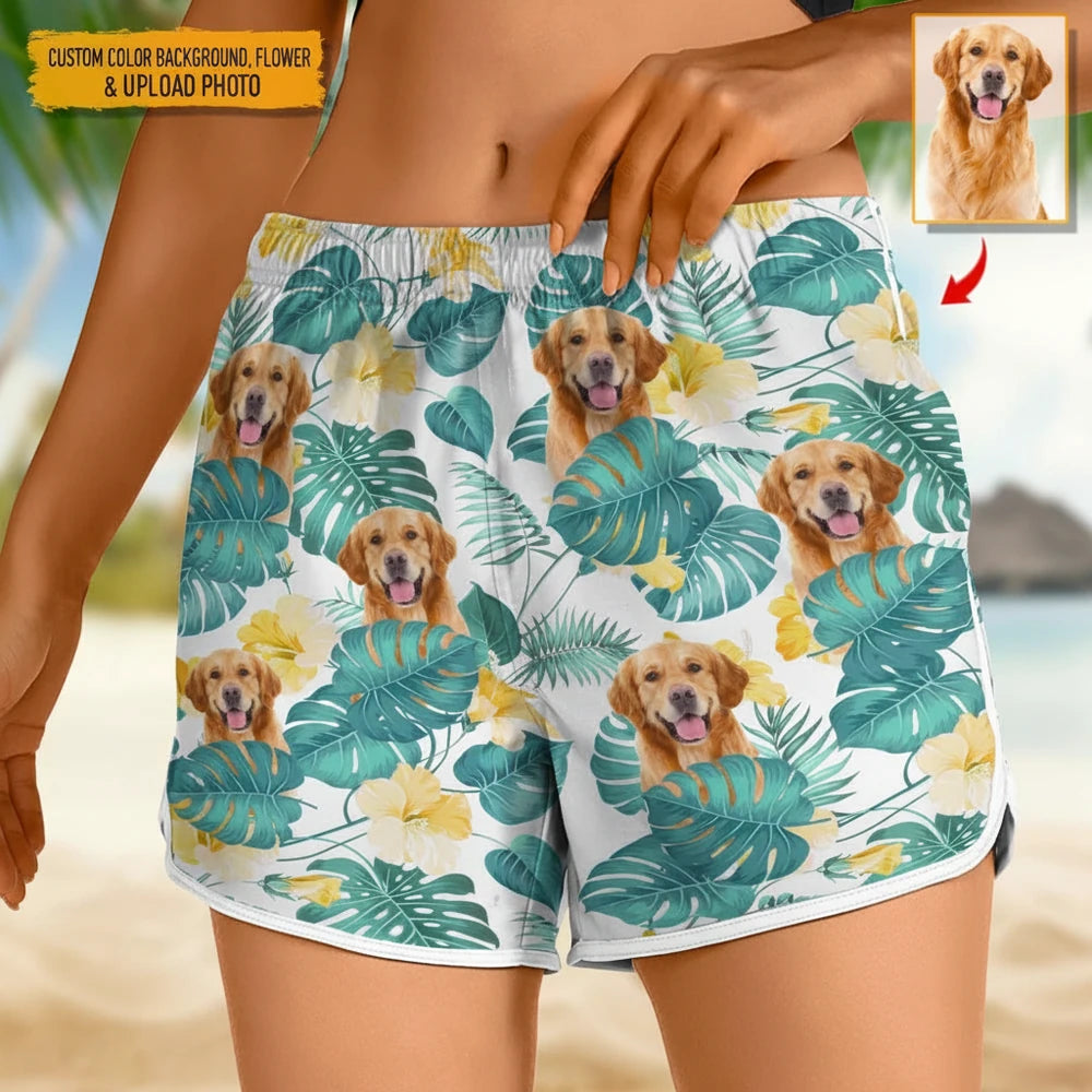Custom Photo Upload Beach Shorts with Tropical Leaves & Flowers main product photo